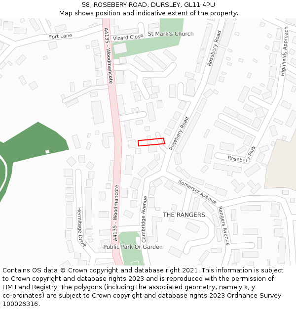 58, ROSEBERY ROAD, DURSLEY, GL11 4PU: Location map and indicative extent of plot