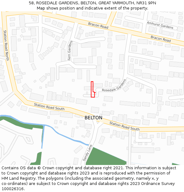 58, ROSEDALE GARDENS, BELTON, GREAT YARMOUTH, NR31 9PN: Location map and indicative extent of plot