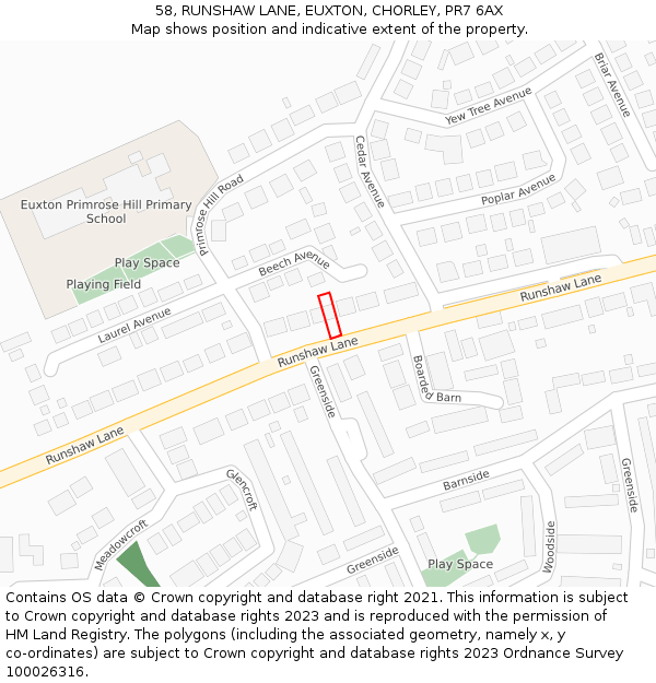58, RUNSHAW LANE, EUXTON, CHORLEY, PR7 6AX: Location map and indicative extent of plot
