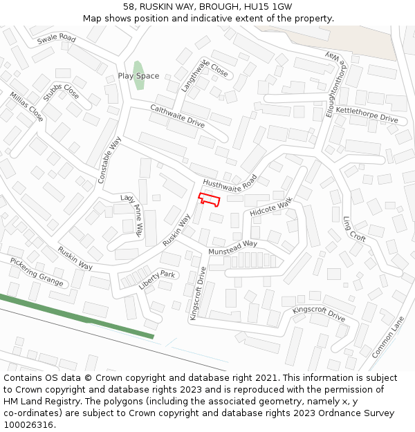 58, RUSKIN WAY, BROUGH, HU15 1GW: Location map and indicative extent of plot