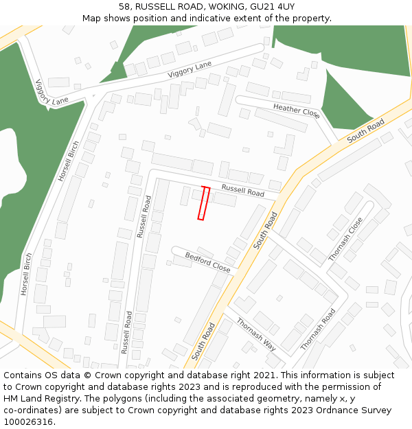 58, RUSSELL ROAD, WOKING, GU21 4UY: Location map and indicative extent of plot