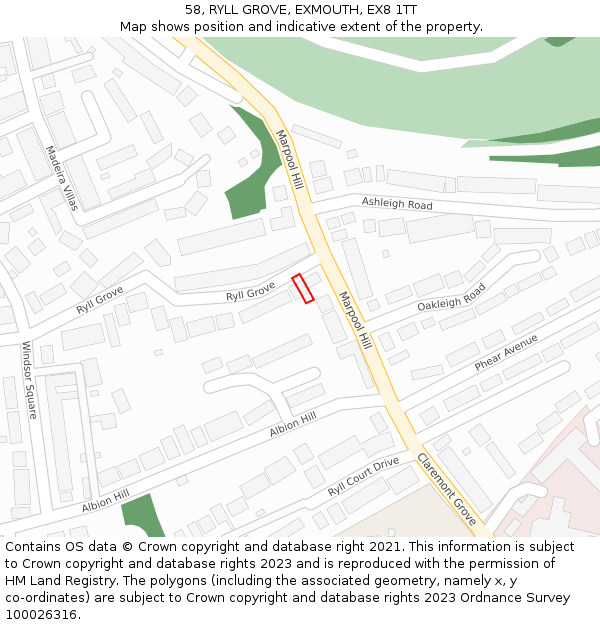 58, RYLL GROVE, EXMOUTH, EX8 1TT: Location map and indicative extent of plot