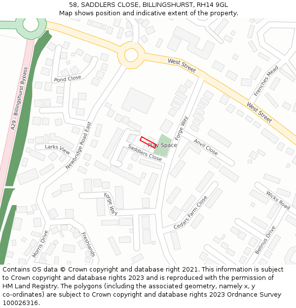 58, SADDLERS CLOSE, BILLINGSHURST, RH14 9GL: Location map and indicative extent of plot