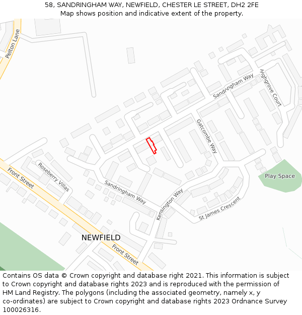 58, SANDRINGHAM WAY, NEWFIELD, CHESTER LE STREET, DH2 2FE: Location map and indicative extent of plot