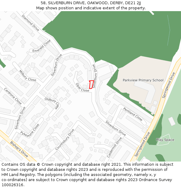 58, SILVERBURN DRIVE, OAKWOOD, DERBY, DE21 2JJ: Location map and indicative extent of plot