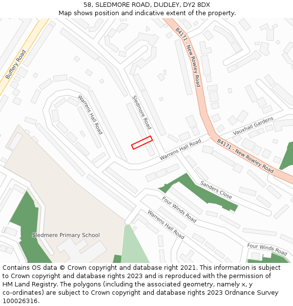 58, SLEDMORE ROAD, DUDLEY, DY2 8DX: Location map and indicative extent of plot