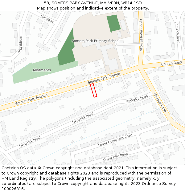 58, SOMERS PARK AVENUE, MALVERN, WR14 1SD: Location map and indicative extent of plot