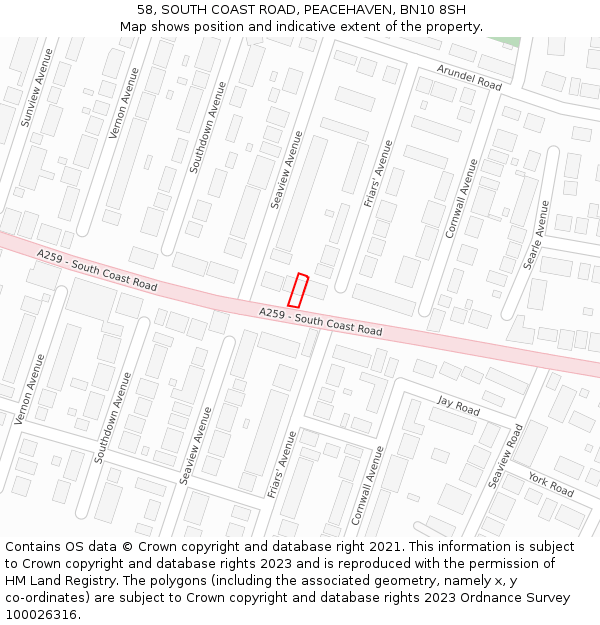 58, SOUTH COAST ROAD, PEACEHAVEN, BN10 8SH: Location map and indicative extent of plot
