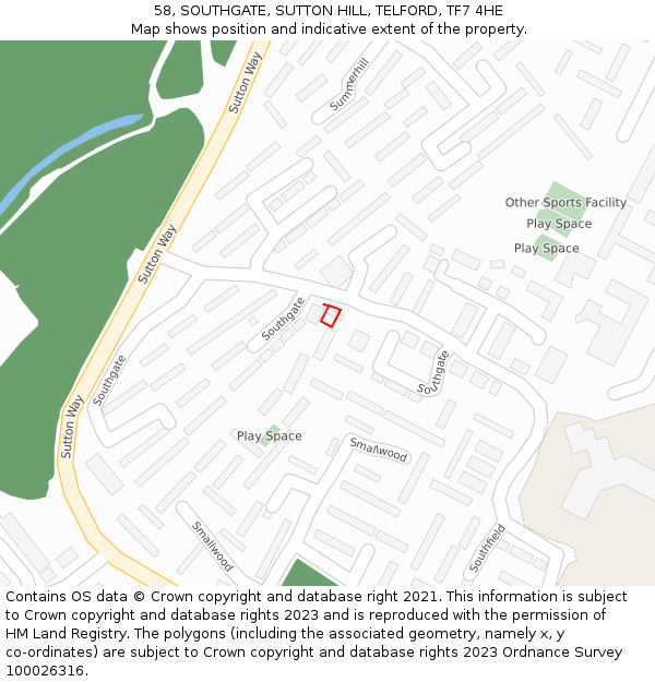 58, SOUTHGATE, SUTTON HILL, TELFORD, TF7 4HE: Location map and indicative extent of plot