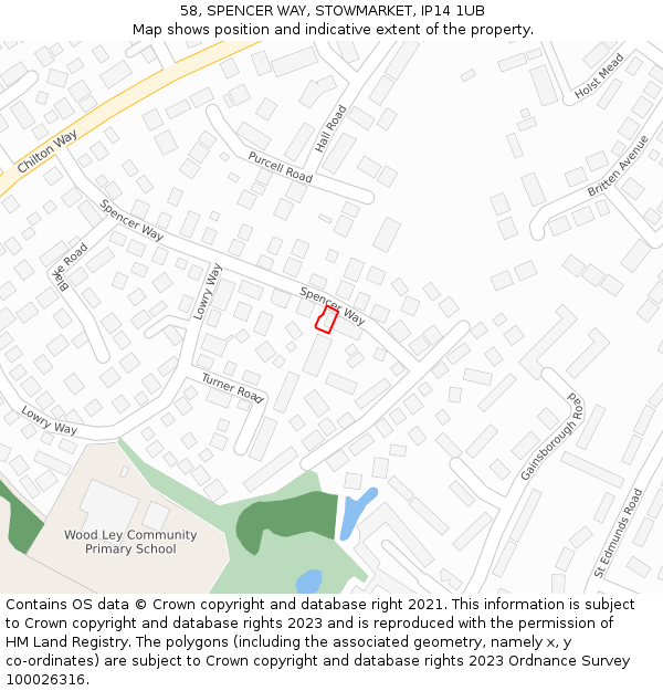 58, SPENCER WAY, STOWMARKET, IP14 1UB: Location map and indicative extent of plot