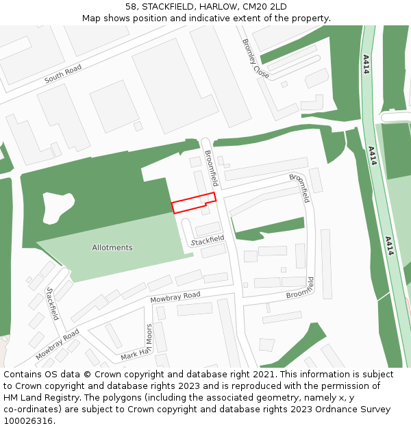 58, STACKFIELD, HARLOW, CM20 2LD: Location map and indicative extent of plot