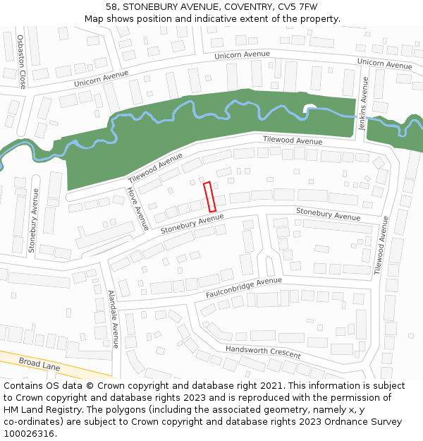 58, STONEBURY AVENUE, COVENTRY, CV5 7FW: Location map and indicative extent of plot