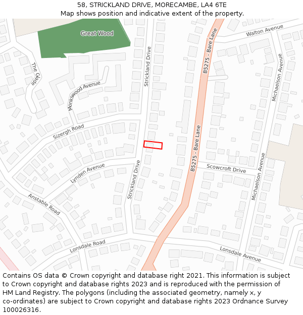 58, STRICKLAND DRIVE, MORECAMBE, LA4 6TE: Location map and indicative extent of plot