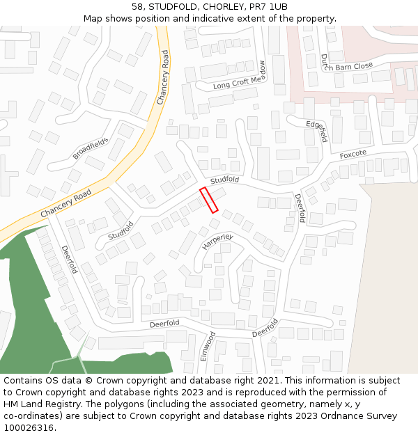 58, STUDFOLD, CHORLEY, PR7 1UB: Location map and indicative extent of plot