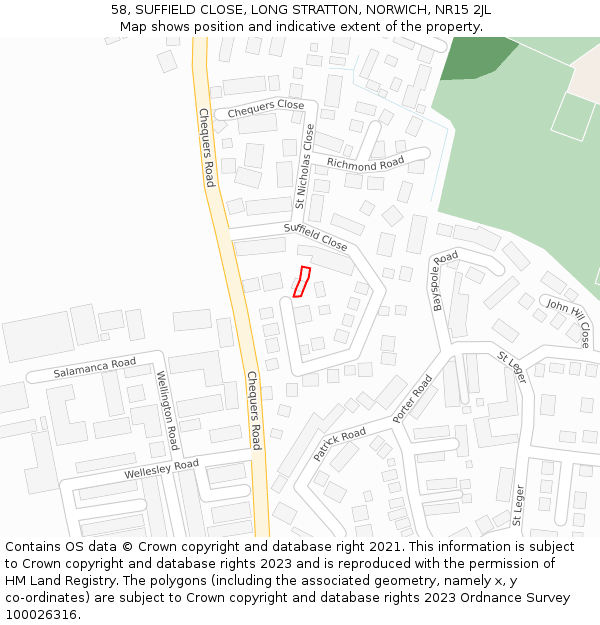 58, SUFFIELD CLOSE, LONG STRATTON, NORWICH, NR15 2JL: Location map and indicative extent of plot