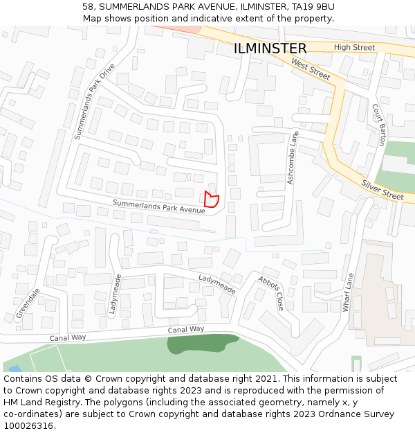 58, SUMMERLANDS PARK AVENUE, ILMINSTER, TA19 9BU: Location map and indicative extent of plot