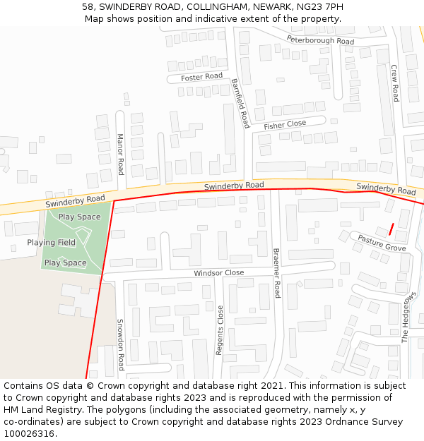 58, SWINDERBY ROAD, COLLINGHAM, NEWARK, NG23 7PH: Location map and indicative extent of plot