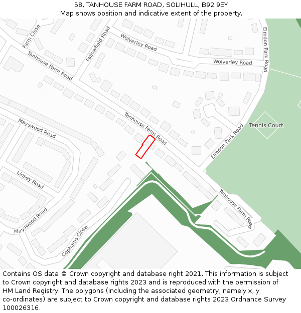 58, TANHOUSE FARM ROAD, SOLIHULL, B92 9EY: Location map and indicative extent of plot