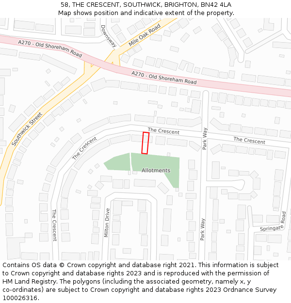 58, THE CRESCENT, SOUTHWICK, BRIGHTON, BN42 4LA: Location map and indicative extent of plot