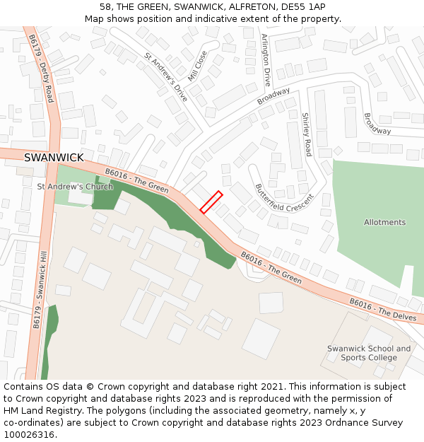 58, THE GREEN, SWANWICK, ALFRETON, DE55 1AP: Location map and indicative extent of plot