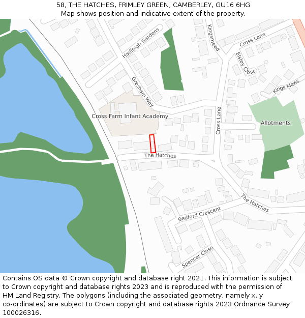 58, THE HATCHES, FRIMLEY GREEN, CAMBERLEY, GU16 6HG: Location map and indicative extent of plot