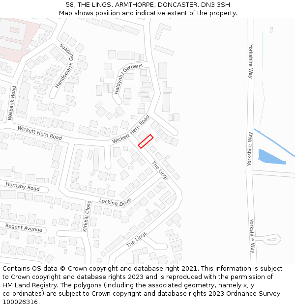 58, THE LINGS, ARMTHORPE, DONCASTER, DN3 3SH: Location map and indicative extent of plot