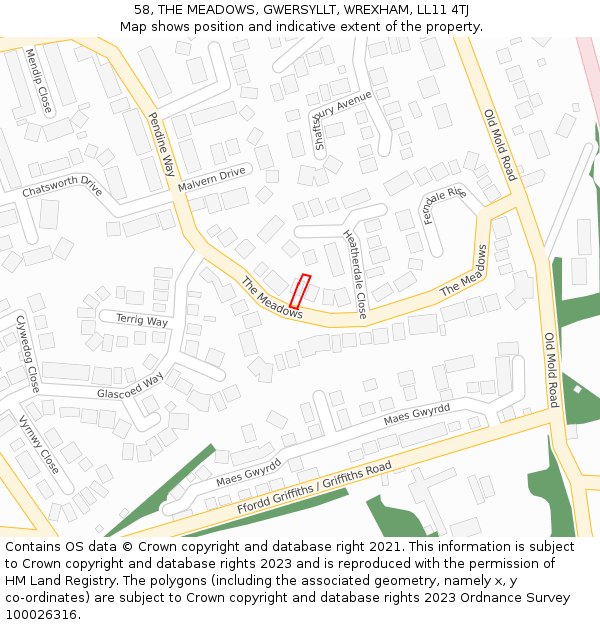 58, THE MEADOWS, GWERSYLLT, WREXHAM, LL11 4TJ: Location map and indicative extent of plot