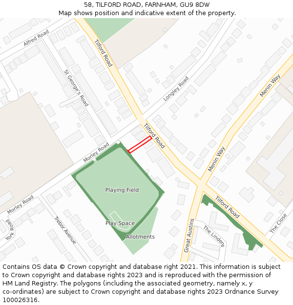 58, TILFORD ROAD, FARNHAM, GU9 8DW: Location map and indicative extent of plot