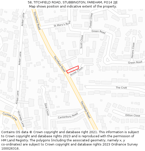 58, TITCHFIELD ROAD, STUBBINGTON, FAREHAM, PO14 2JE: Location map and indicative extent of plot
