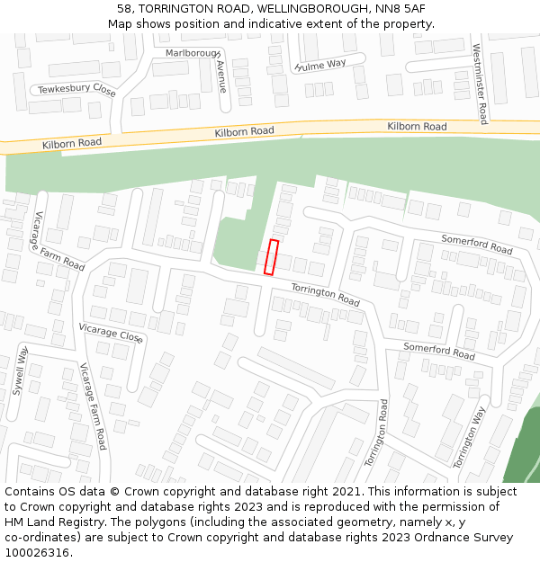 58, TORRINGTON ROAD, WELLINGBOROUGH, NN8 5AF: Location map and indicative extent of plot