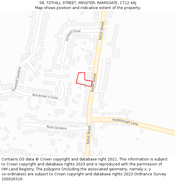 58, TOTHILL STREET, MINSTER, RAMSGATE, CT12 4AJ: Location map and indicative extent of plot