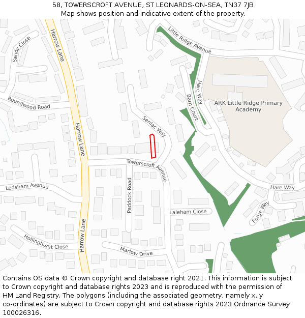 58, TOWERSCROFT AVENUE, ST LEONARDS-ON-SEA, TN37 7JB: Location map and indicative extent of plot