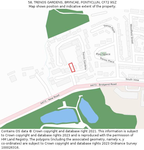 58, TRENOS GARDENS, BRYNCAE, PONTYCLUN, CF72 9SZ: Location map and indicative extent of plot