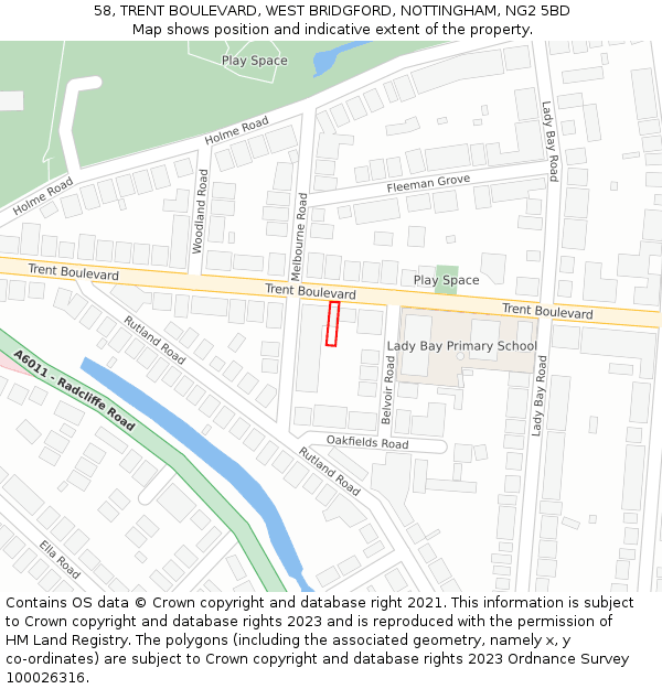 58, TRENT BOULEVARD, WEST BRIDGFORD, NOTTINGHAM, NG2 5BD: Location map and indicative extent of plot