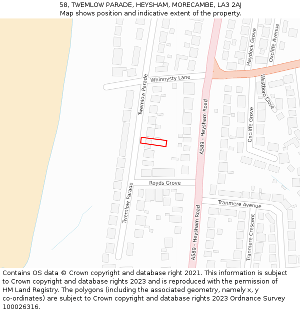 58, TWEMLOW PARADE, HEYSHAM, MORECAMBE, LA3 2AJ: Location map and indicative extent of plot