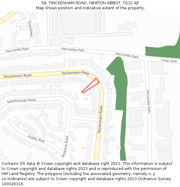 58, TWICKENHAM ROAD, NEWTON ABBOT, TQ12 4JF: Location map and indicative extent of plot