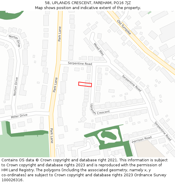 58, UPLANDS CRESCENT, FAREHAM, PO16 7JZ: Location map and indicative extent of plot