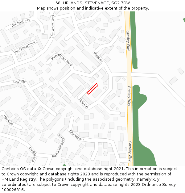 58, UPLANDS, STEVENAGE, SG2 7DW: Location map and indicative extent of plot