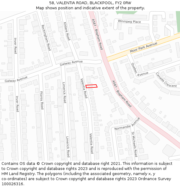 58, VALENTIA ROAD, BLACKPOOL, FY2 0RW: Location map and indicative extent of plot