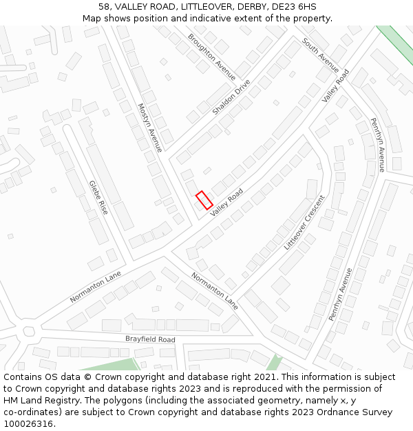 58, VALLEY ROAD, LITTLEOVER, DERBY, DE23 6HS: Location map and indicative extent of plot