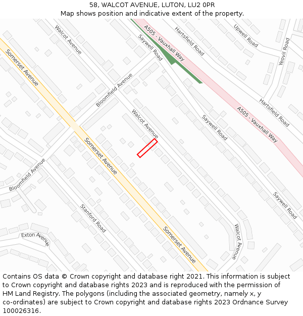 58, WALCOT AVENUE, LUTON, LU2 0PR: Location map and indicative extent of plot