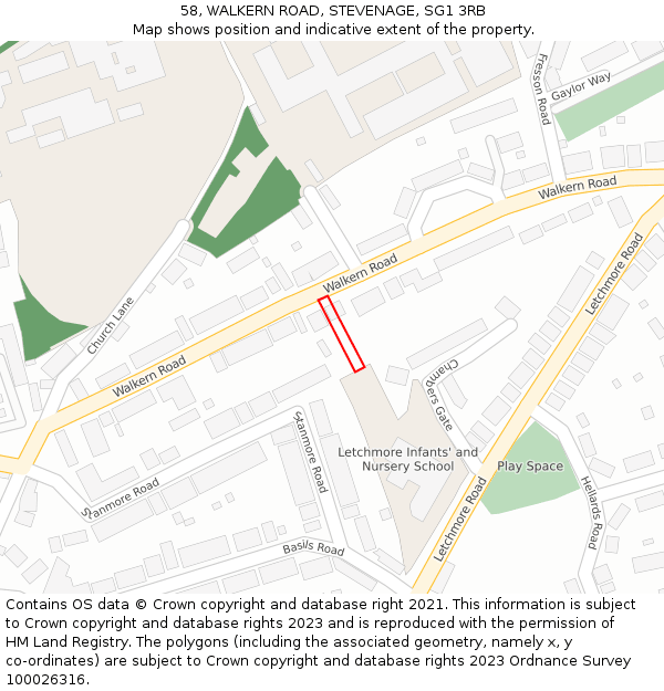 58, WALKERN ROAD, STEVENAGE, SG1 3RB: Location map and indicative extent of plot