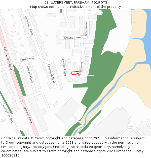 58, WATERSMEET, FAREHAM, PO16 0TG: Location map and indicative extent of plot