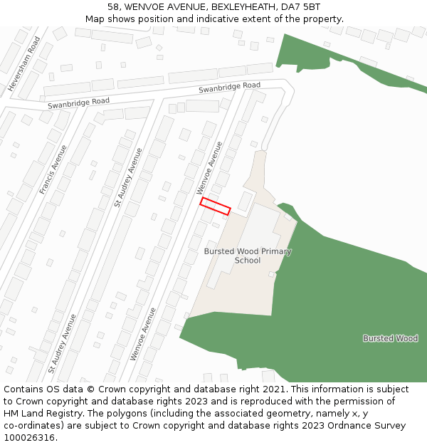 58, WENVOE AVENUE, BEXLEYHEATH, DA7 5BT: Location map and indicative extent of plot