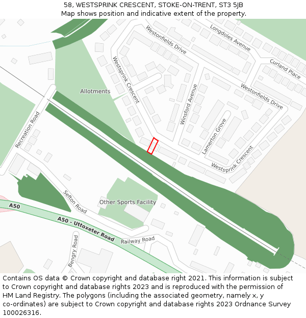 58, WESTSPRINK CRESCENT, STOKE-ON-TRENT, ST3 5JB: Location map and indicative extent of plot