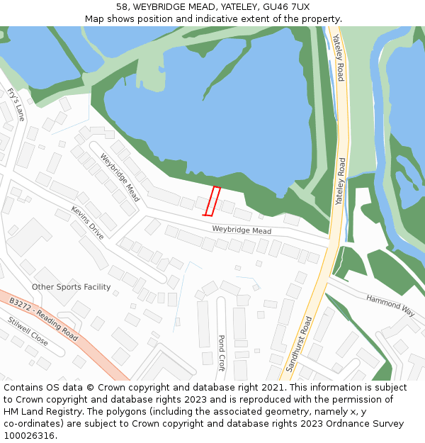 58, WEYBRIDGE MEAD, YATELEY, GU46 7UX: Location map and indicative extent of plot