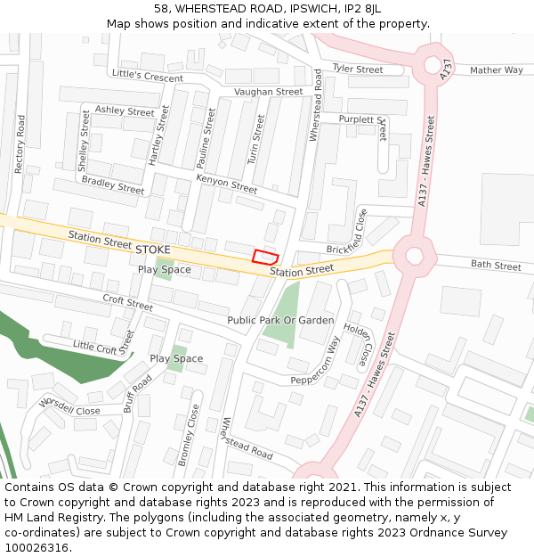 58, WHERSTEAD ROAD, IPSWICH, IP2 8JL: Location map and indicative extent of plot