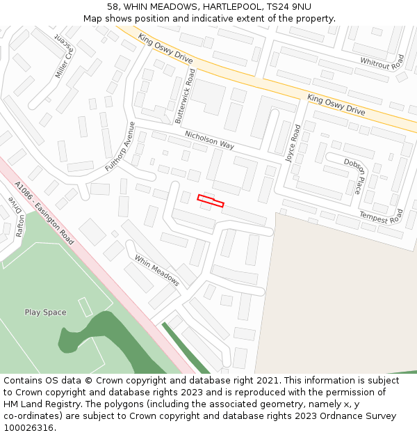 58, WHIN MEADOWS, HARTLEPOOL, TS24 9NU: Location map and indicative extent of plot