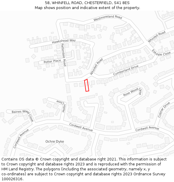58, WHINFELL ROAD, CHESTERFIELD, S41 8ES: Location map and indicative extent of plot