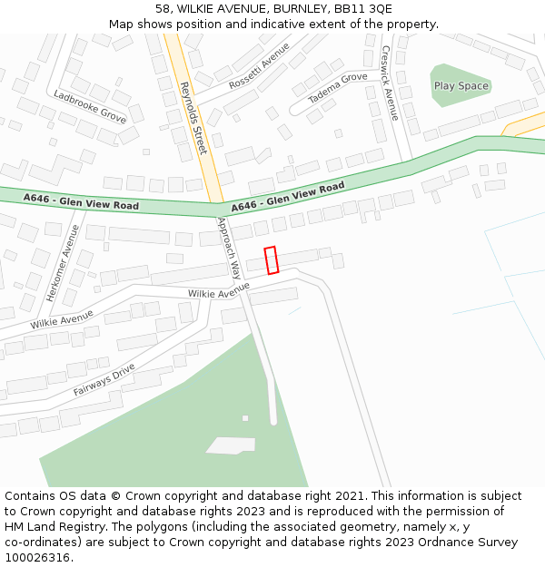 58, WILKIE AVENUE, BURNLEY, BB11 3QE: Location map and indicative extent of plot